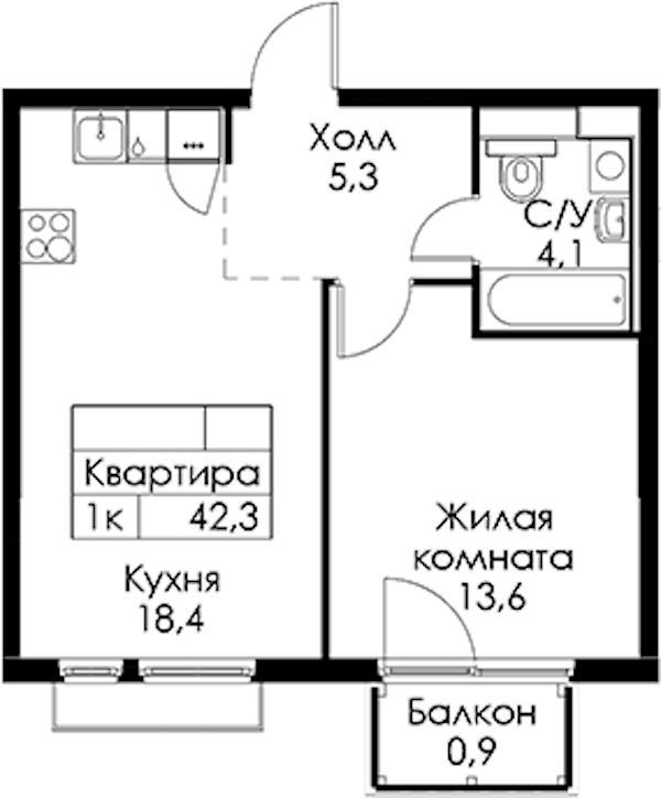 1-комнатная квартира 42.3 м², 4/13 эт., ЖК «Кантемировская 11»